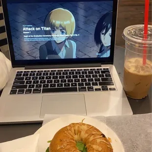 Iced Grogg Latte and Bacon, Egg and cheese bagel with lemon dill cream cheese.