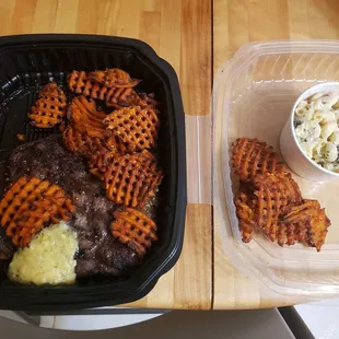 Ribeye, macaroni salad and sweet potato fries.