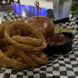 This one is the Tavern Burger. Baked beans, and onion rings