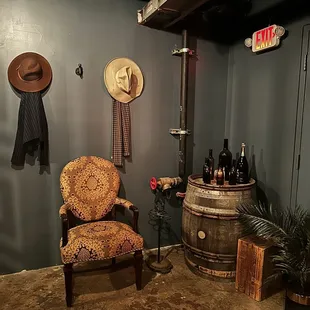 a chair and a barrel of wine