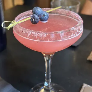Blueberry lemon drop cocktail with sugared rim- too sweet for my liking but so fun!