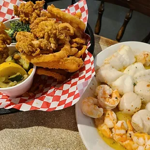Broiled seafood combo platter - comes with 2 sides plus onion rings. $29.99