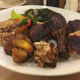Jerk chicken Calalloo Medley and rice and Jamaican Rice &amp; Peas