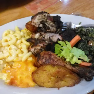 Jerk Chicken, Callioo, plaintians,