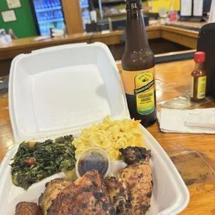 Jerk Chicken, mac &amp; cheese, Side of Calalloo Medley
