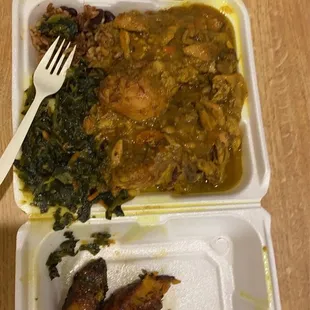 Jerk chicken, Side of Jamaican Rice and Peas (hidden), callaloo, Fried Plantains