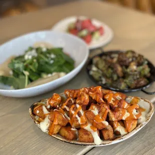 Patatas Bravas, Brussels, Pear Confit, Heirloom Tomato