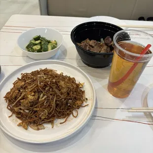 Chow mein, cucumber salad, braised beef