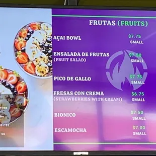 a menu on a large screen