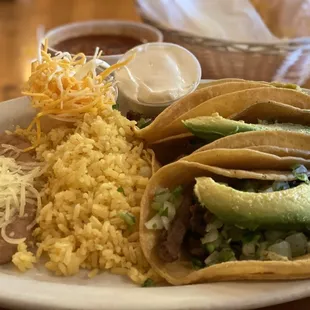 3 Mexican Tacos with rice and beans