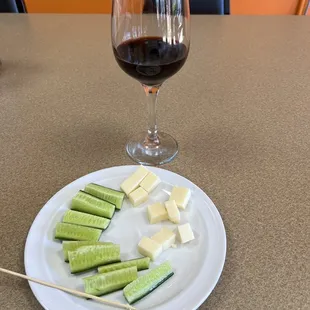 Complimentary wine and cheese!  I stuffed  down a pizza later!