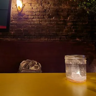 a glass of water on a table