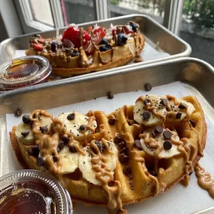 two waffles with toppings