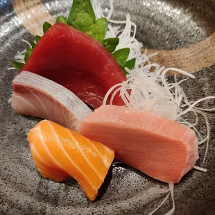 Blue fin tuna, amberjack, King Salmon, otoro