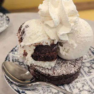 Red velvet cake and vanilla ice cream w/ brownie