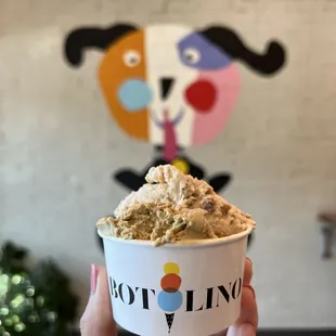 a hand holding a cup of gelato