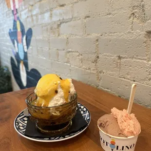Tropical oaxaca: Coconut Stracciatella gelato, passion fruit, Mezcal sauce,  cake. guava sherbet, GIANDUIA: Valrhona chocolate, hazelnuts