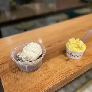 White coffee gelato and brownie sundae and Persian flower Gelato
