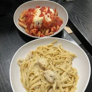 Chicken Parmigiana and fettucine alfredo with chicken
