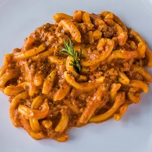 Trofie Salsiccia 
homemade pasta, imported crumbled Italian sausage, rosemary, parmigiano Reggiano, light cream tomato sauce.