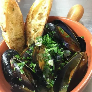 Happy hour appetizers. Mussels in a white wine sauce.