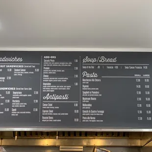 the menu on the wall