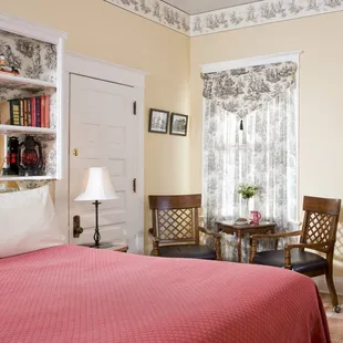 Hazeldine room on main floor has king bed, marble floors, large bath with Jacuzzi with shower.