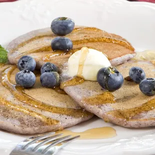 Blue Cornmeal Pancakes are a house specialty.