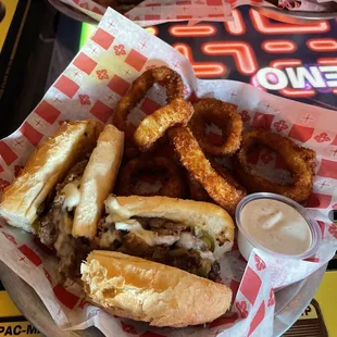 Beef cheesesteak with choice of side (onion rings)