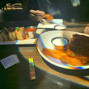 Hot wings. Pepperoni Pizza Rolls.