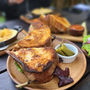 a plate of food on a wooden table