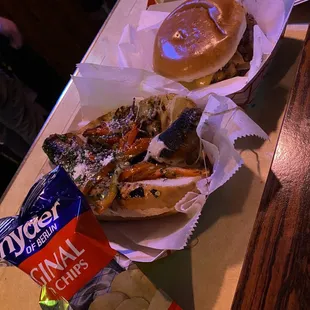 Smashburger - 2 patties, cheese, grilled onions; Sausage - (mine was a foot long!), cheese, grilled onions &amp; peppers