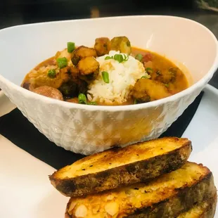 Andouille Sausage and Gulf Shrimp Gumbo. Fried okra (garnish).