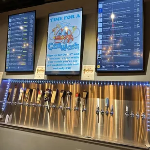 a row of beer taps