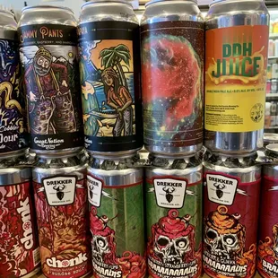 a variety of cans of beer