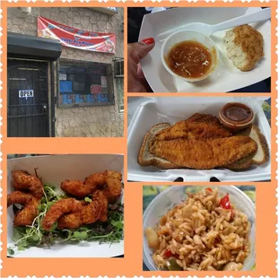 Delicious crab cake with mango sauce, fried tilapia sandwich, chicken fried rice, and seasoned fried shrimp