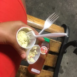 Potato salad. Seafood salad. Juice.