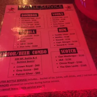 Bottle service prices
