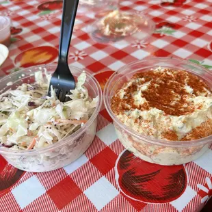 The potato salad was nice &amp; creamy. I wish the coleslaw was less water and more flavorful tho. Next time I'm ordering Mac n Cheese instead.
