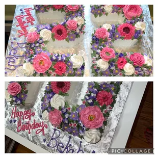 Our unique number or letter cakes are overflowing with flowers.