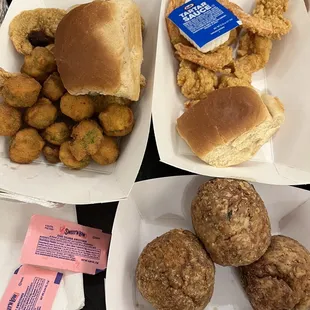 Shrimp plate with cole slaw, catfish plate with okra and boudin balls.