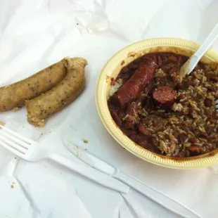 Spicey Boudin on left, rice and beans with sausage.