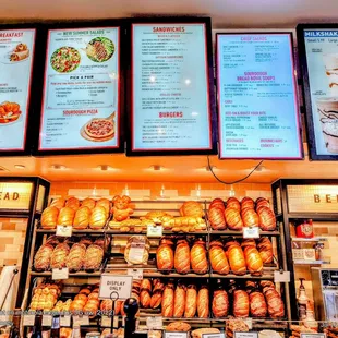 Boudin Bakery items, iconic San Francisco sourdough dough loaves for sale. Cafe menu @ Boudin SF Mainplace Mall, CA. (summer 2023)
