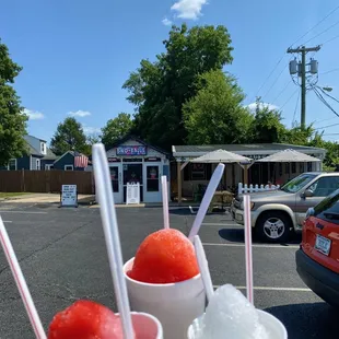 Medium Pina Colada/Cotton Candy, Bubblegum/Cotton Candy, and small Wedding Cake snowballs