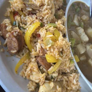 Chicken and Sausage Jambalaya Lunch with Louisiana Potatoes Boudreaux.