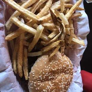 a hamburger and fries