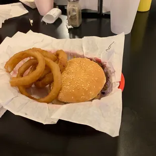 Burger and onions rings