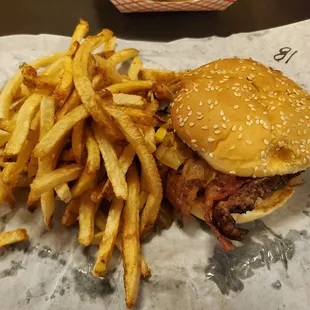 Bacon cheeseburger and hand cut fries!