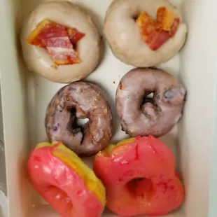 Bacon maple, blueberry cake &amp; strawberry iced donuts