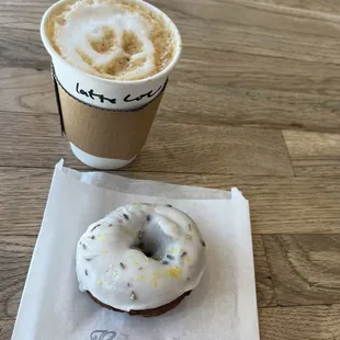 Hot Latte with coconut milk and a Lemon Lavender Donut.
